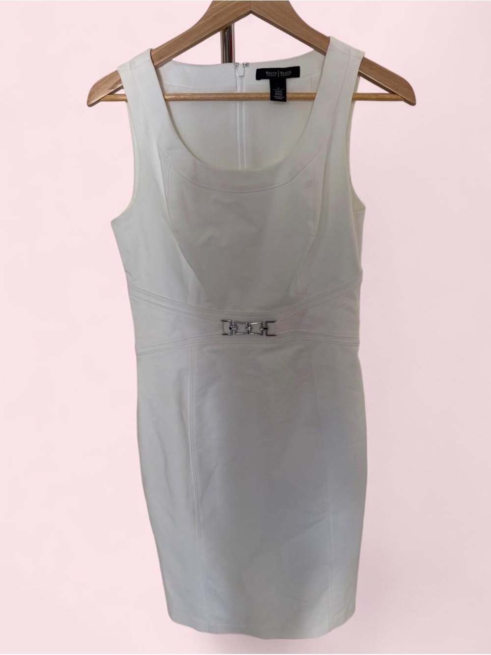 White House Black Market White Sleeveless Sheath Dress with Decorative Buckle
